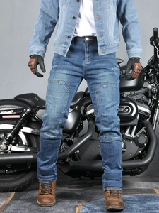 Mens light blue motorcycle jeans with protective knee pads and slim fit stretch denim