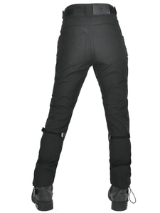 Women's black tactical motorcycle riding pants with reinforced knees and adjustable straps