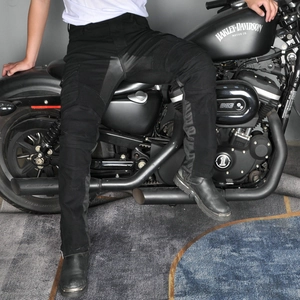 Men's black motorcycle riding jeans with protective pads and reinforced knee panels