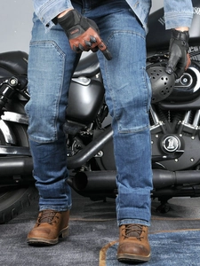 Blue motorcycle jeans with CE certified knee protection pads and vintage denim fabric