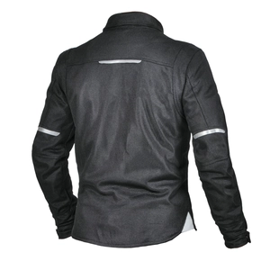 Vue arrière d'une veste de moto en maille noire respirante avec bandes réfléchissantes