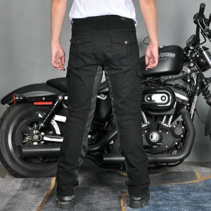 Rear view of black motorcycle riding jeans with protective pads and cargo pockets