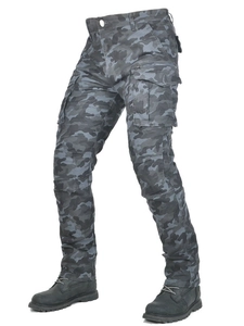 Men's camo motorcycle riding pants with functional cargo pockets and protective knee panels