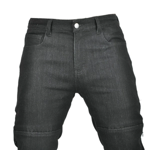 Detail view of motorcycle jeans featuring reinforced knee stitching and straight-leg denim