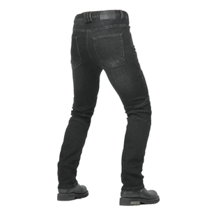 Detail of black motorcycle riding jeans with accordion stretch panels and reinforced stitching