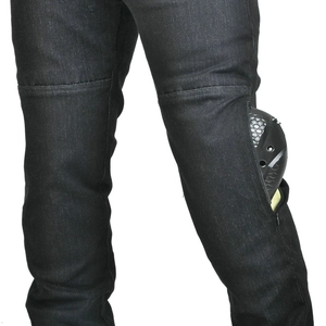 Detail of hidden zipper pocket on motorcycle jeans with removable honeycomb knee armor