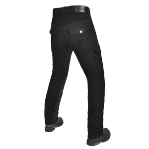 Detail view of motorcycle jeans with protective pads and flexible waist stretch panels