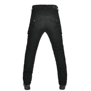 Detail view of black motorcycle jeans featuring elastic accordion panels and cargo pockets