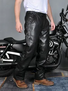 Men's waterproof thermal motorcycle leather pants with protective gear in black color