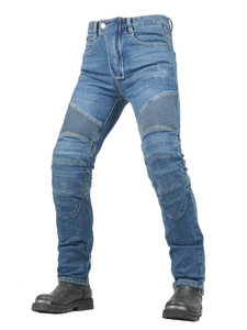 Men's blue motorcycle riding jeans with protective knee pads and stretch panels