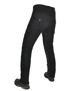 Detail showing elastic accordion stretch panels on black motorcycle riding pants back