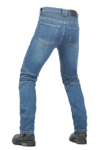 Blue motorcycle riding jeans with accordion stretch panels on waist and knees for flexibility
