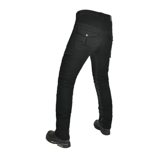 Detail view of motorcycle jeans featuring protective armor knee pads and cargo pockets