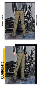 Detail van de legergroene motorbroek met meerdere zakken en waterdichte ritsen