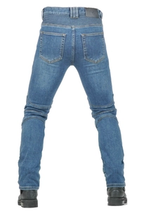 Men's blue motorcycle riding jeans with protective accordion stretch panels, back view
