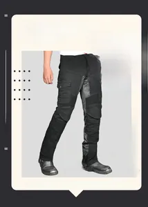 Detail of black motorcycle riding pants featuring reinforced knee pads and cargo pockets
