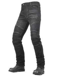 Slim fit black motorcycle denim pants with flexible accordion panels for riders