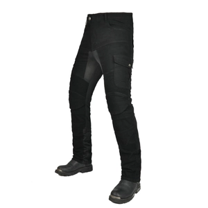 Detail of knee accordion stretch panels and metal buckle pockets on motorcycle jeans