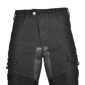 Detail of black motorcycle riding jeans with accordion stretch panels and side cargo pockets