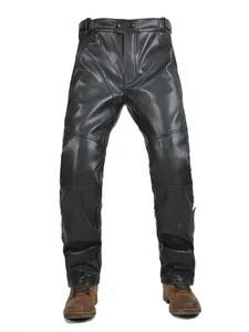 Men's black leather motorcycle pants with armor padding and waterproof protective design