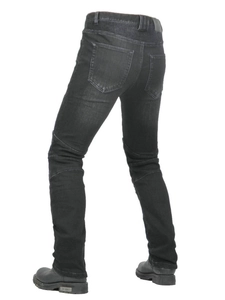 Men's motorcycle riding jeans in dark grey with protective accordion panels and slim fit