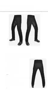 Detail view of breathable mesh panels and armor padding on black motorcycle riding pants