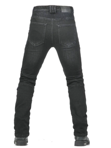 Rear view of heavy-duty motorcycle riding jeans with accordion panels and elastic zones
