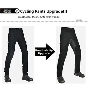 Detail of summer mesh panels on motorcycle jeans showing breathable fabric and knee pads