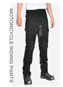 Detail of motorcycle riding pants with reinforced knee pads and cargo pockets for protection
