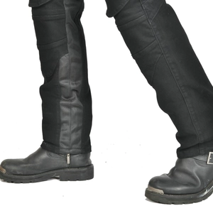 Detail of motorcycle pants featuring accordion stretch panels and breathable mesh inserts