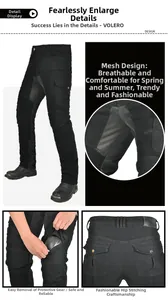 Detail of motorcycle pants showing breathable mesh panels and removable knee protectors
