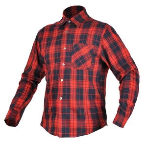 Detail of red and black checkered motorcycle shirt with protective lining and front pocket