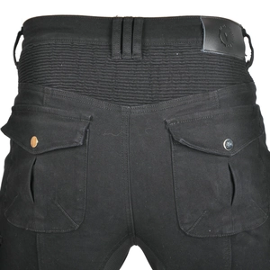 Detail of motorcycle jeans back pockets with protective elastic panel and leather patch