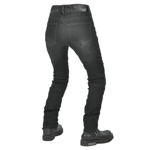 Jeans da moto neri da donna slim fit in denim rinforzato con etichetta in pelle del brand