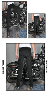 Three-view layout of black mesh motorcycle riding pants with reinforced knee armor protection