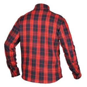 Rear view of a red and black checkered motorcycle flannel shirt with protective lining