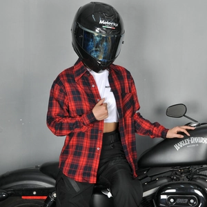 Damen Motorradhemd rot kariert mit Schutzpolstern und lässigem Streetstyle-Look