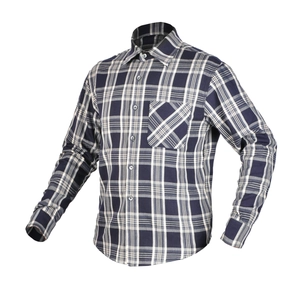 Detail of blue plaid motorcycle shirt with chest pocket and protective Kevlar lining