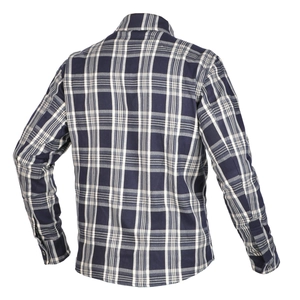Back view of checkered motorcycle riding shirt in durable blue and white plaid fabric