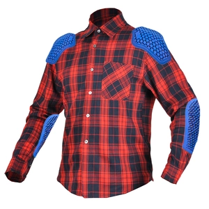 Detail of red and black checkered motorcycle shirt with blue protective armor pads