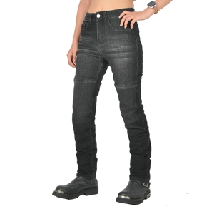 Jeans da moto da donna lavaggio nero con cuciture protettive alle ginocchia e taglio dritto
