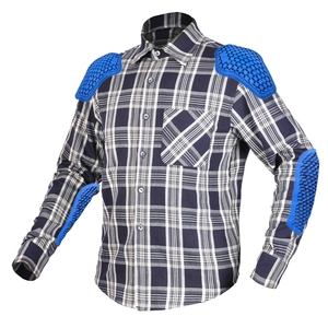 Detail of motorcycle plaid shirt showing blue honeycomb armor on shoulders and elbows
