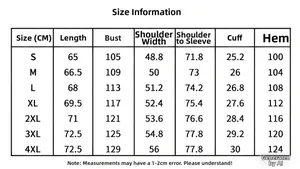Detailed size chart for motorcycle riding jacket with measurements from S to 4XL