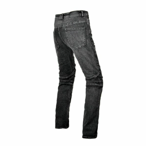Detail of grey motorcycle jeans showing elastic accordion stretch panels for biker flexibility
