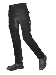 Women's black mesh motorcycle jeans with protective knee padding and cargo pockets