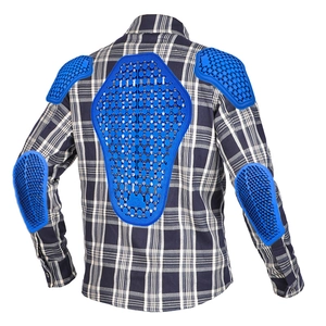 Blue plaid motorcycle riding shirt with integrated CE armor on back, shoulders and elbows