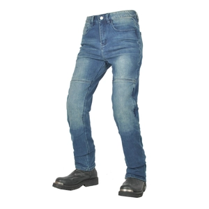 Dettaglio dei jeans da moto donna con tasche per protezioni ginocchia in denim blu chiaro