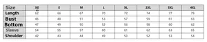 Detailed size chart for motorcycle riding shirt covering XS to 4XL measurements