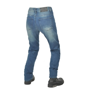 Vista posteriore dei jeans da moto blu scuro con doppie tasche e finitura vintage