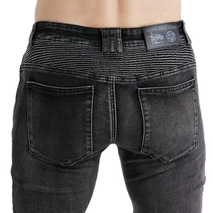 Rear view of motorcycle jeans with elastic accordion panels and premium leather brand label